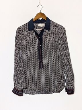 Loft Medallion Chiffon 1/2 Button Down Geometric Navy Burgundy‎ Blouse Career M